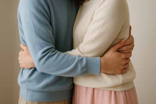 realistic hug, no showing faces or heads, use brand colours